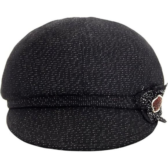 Women\'s Black Cotton Cabbie Cap Beret Hats with Flower Buckle main image 6